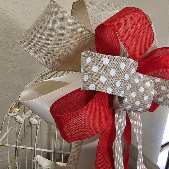 Christmas Bow, Handmade Holiday Bow, Tree Topper, Wreath Accent, Polka Dot Bow - Picture 7 of 9